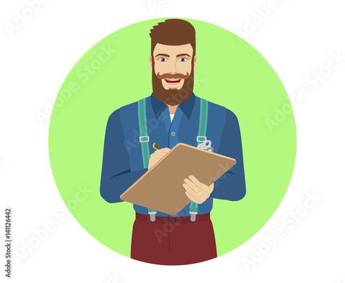 Hipster writes on the clipboard closeup
