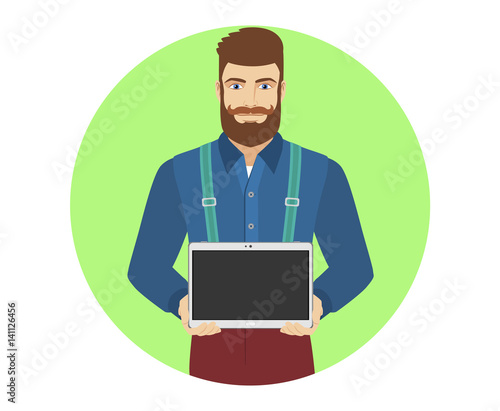 Hipster showing blank digital tablet PC