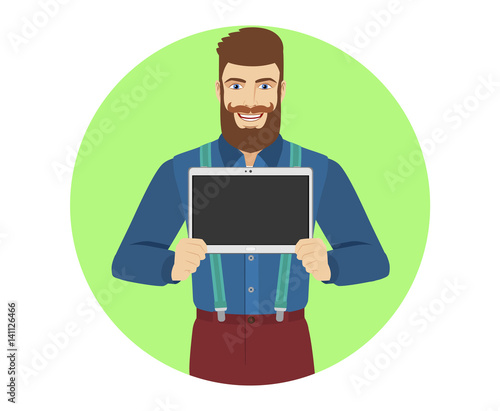 Hipster showing blank digital tablet PC