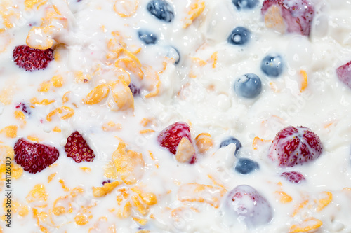 fresh berries and muesli close-up for healthy breakfast.