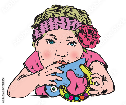 Baby girl with flower in hair is chewing rattle toy, growing teeth, sketch in pop art style, vector color illustration