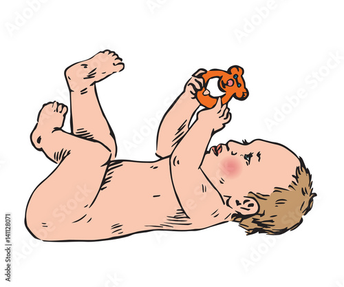 Newborn baby is playing with rattle toy, hand drawn doodle, sketch in pop art style, vector color illustration
