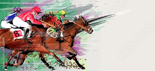 Tableau sur toile Horse racing over grunge background