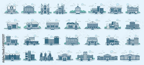 Vector set isolated icons architecture buildings linear style