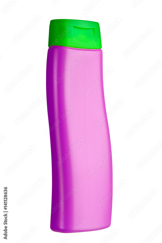 Plastic bottle shampoo of pink color with a green cover. Plastic bottle shampoo of pink color with a green cover.
