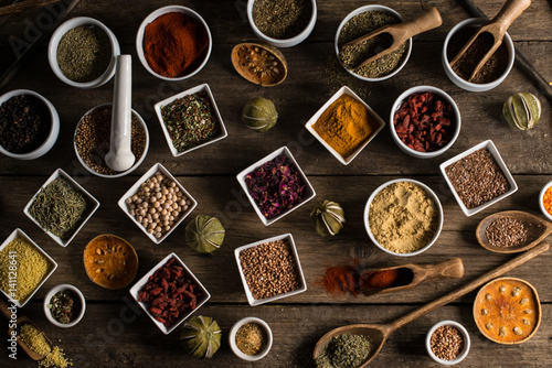 Fototapeta Naklejka Na Ścianę i Meble -  Various of colorful spices on wooden table. place for typography