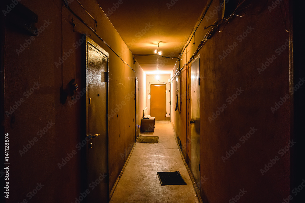 Dirty empty dark corridor in apartment building, doors, lighting lamps