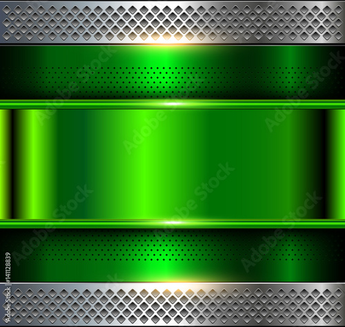 Metallic background, green metal perforated texture, vector polished metal