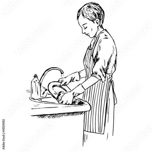 Young housewife dressed in striped apron washing dishes, hand drawn doodle, sketch in pop art style, black and white vector illustration