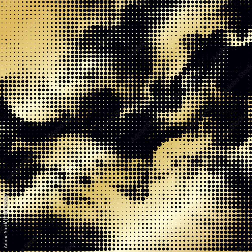 Halftone pattern gold background texture, round spot shapes, vintage or retro graphic, usable as decorative element.