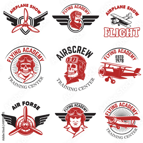 Set of air force, airplane show, flying academy emblems. Vintage planes. Design elements for logo, badge, label. Vector illustration.
