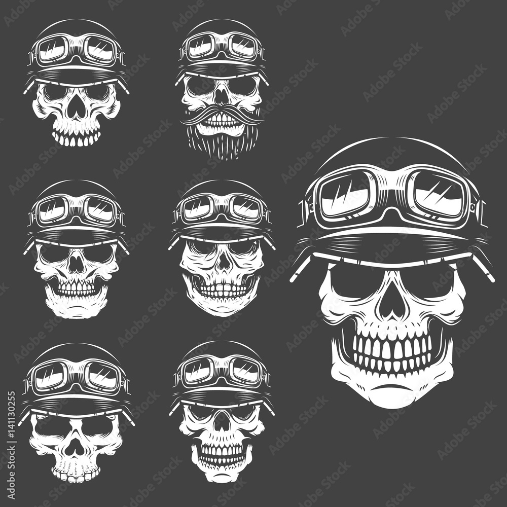Set of racer skulls isolated on white background. Design elements for logo, label, emblem, poster, t-shirt. Vector illustration.