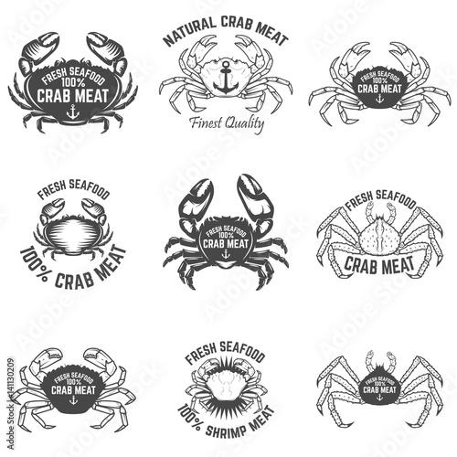 Set of crab meat labels. Fresh seafood. Design elements for logo, label, emblem, sign. Vector illustration.