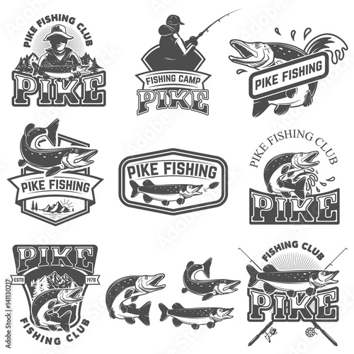 Pike fishing club emblems. Design element for logo, label, badge, sign. Vector illustration.