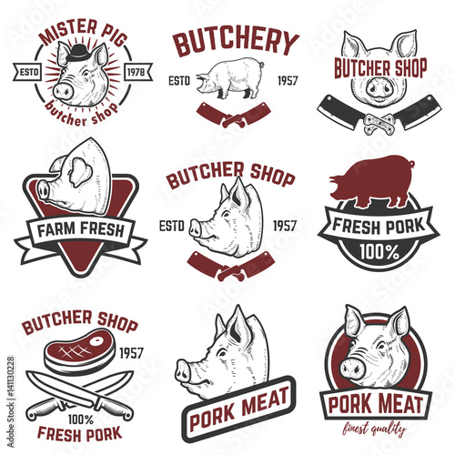 farm fresh pork meat emblems. Design elements for logo, label, sign. Vector illustration.