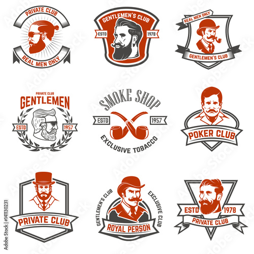 Set of gentlemen's private club labels. Poker and smoking club. Design elements for logo, emblem, sign. Vector illustration