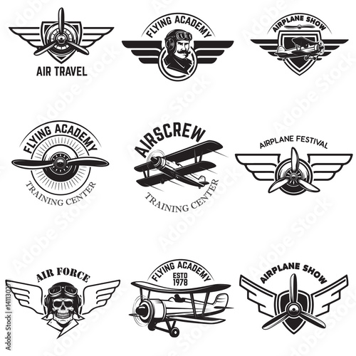 Set of air force, airplane show, flying academy emblems. Vintage planes. Design elements for logo, badge, label. Vector illustration.