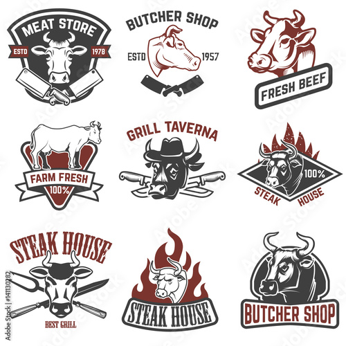 Set of fresh beef labels isolated on white background. Butcher shop. Design elements for logo, label, sign. Vector illustration.