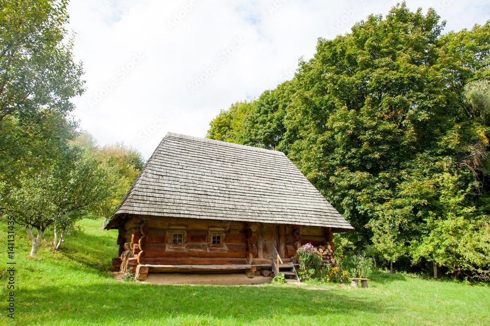 Fototapeta premium photo of beautiful view of village house on the wonderful trees background