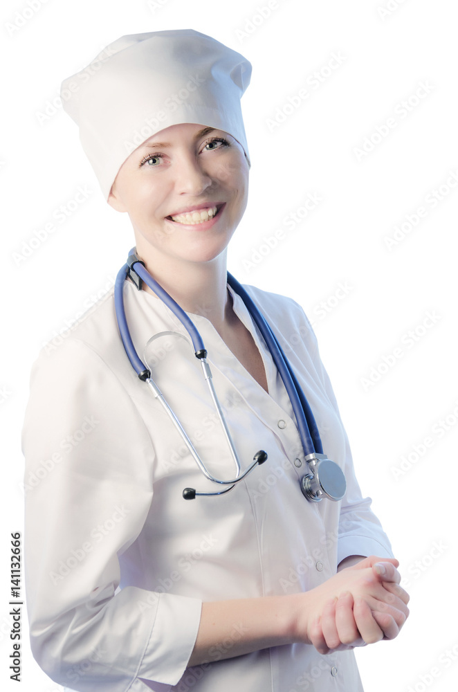 Young woman medical doctor portrait in white coat and cap with stethoscope isolated on white background.