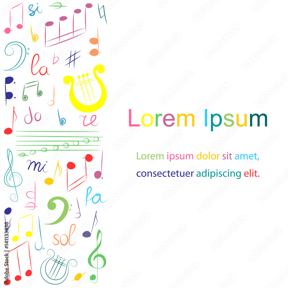 Colorful Hand Drawn Set of  Music Symbols.  Doodle Treble Clef, Bass Clef, Notes and Lyre. Template for Fliers, Banners, Badges, Stickers and Advertising Actions.. Vector Illustration.