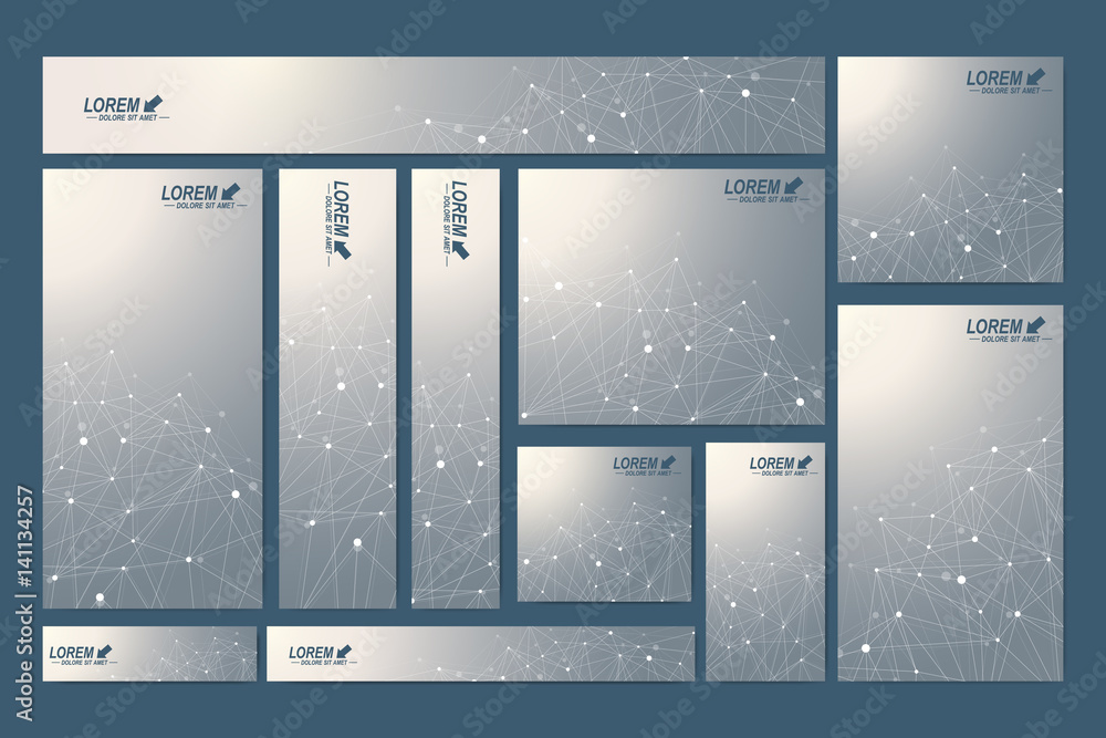 Fototapeta premium Scientific standard size banners. Geometric abstract presentation. Medical, science, technology, chemistry background molecule and communication. Cybernetic dots. Lines plexus. Card surface.