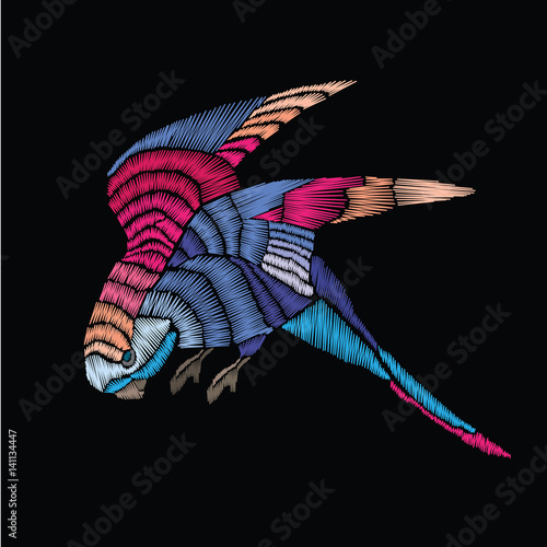 Parrot embroidery. Embroidered bird. Vector decorative element for embroidery, patches and stickers