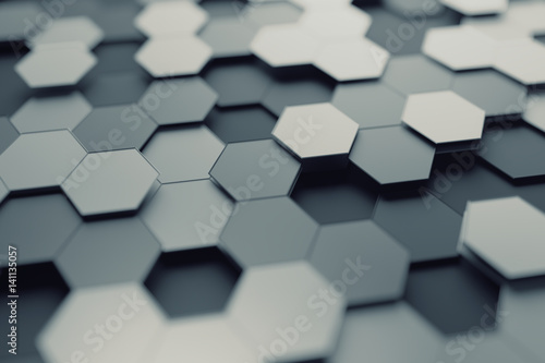 Abstract 3d rendering of futuristic surface with hexagons. Contemporary sci-fi background with bokeh effect. Poster design.