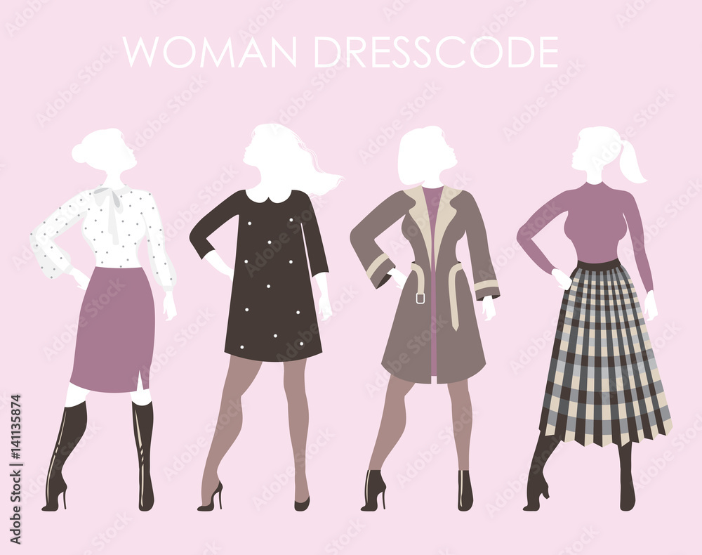 Young women in fashion clothing.Woman dresscode vector illustrat Young women in fashion clothing.Woman dresscode vector illustrat