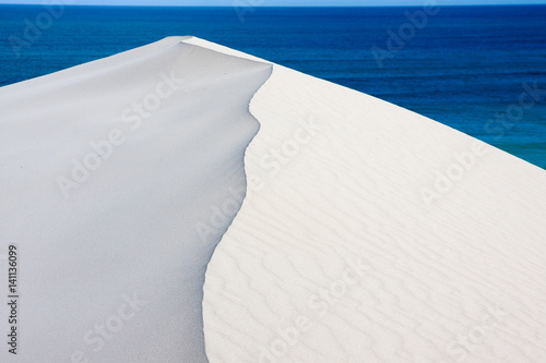 White sand dune at de Hoop Nature Reserve in South Africa, contrasted against deep blue ocean.