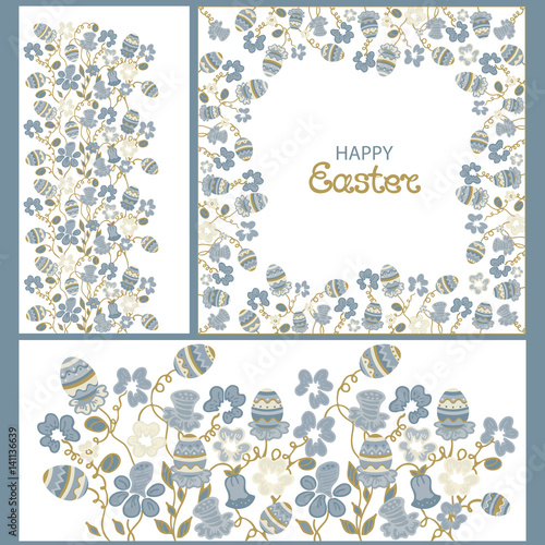 Happy Easter. Frame with flowers and paschals eggs. Floral ornament. Set of elements for design greeting, invitation card, background, poster, wallpaper.