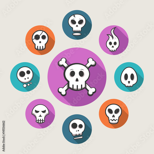 Skull icons - orange, blue & pink - vector illustration