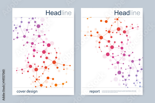 Scientific brochure design template. Vector flyer layout, Molecular structure with connected lines and dots. Scientific pattern atom DNA with elements for magazine, leaflet, cover, poster design.