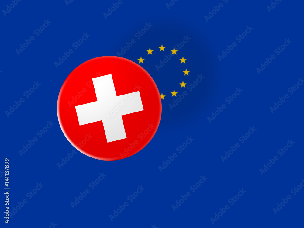 Fototapeta premium European Union Trade Concept: Switzerland Flag Button On Blurred EU Flag, 3d illustration