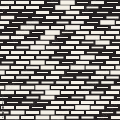 Vector Seamless Black And White Irregular Dash Rectangles Grid Pattern. Abstract Geometric Background Design