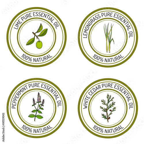 Set of essential oil labels lime, lemongrass, peppermint, white cedar