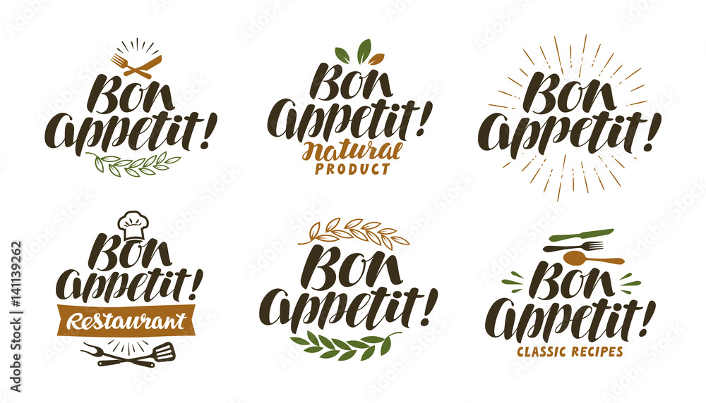 Fototapeta premium Bon appetit, lettering. Food label set. Vector illustration