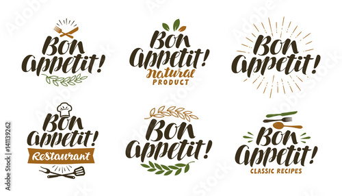 Bon appetit, lettering. Food label set. Vector illustration
