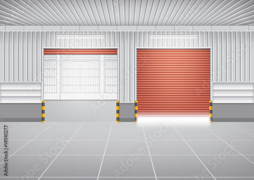 Storefront or shopfront is a facade or commercial building. Exterior with door and floor or entryway for retail shop or store. Protection with security shutter or roller door. Vector illustration.