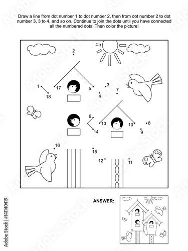 Spring themed connect the dots picture puzzle and coloring page with birdhouses, birds and nestlings. Answer included.
