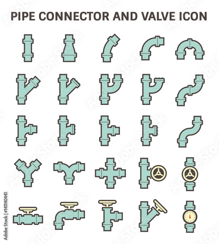 Pipe icon and flange fitting. Include control valve and pressure gauge. For pipeline construction and transportation liquid or gas i.e. oil, natural gas. Also for sewage, plumbing and irrigation.