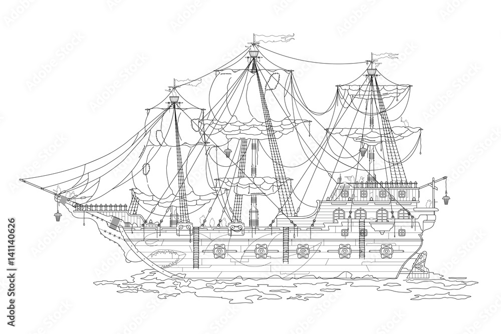 Outline sketch, of the old pirate ships. Coloring coloring book for