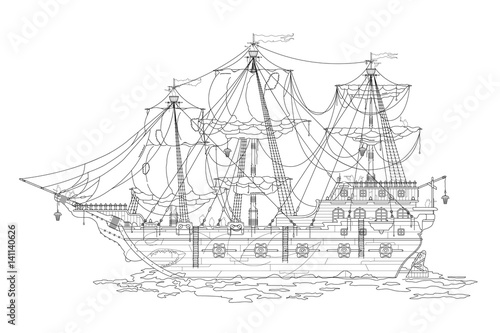 Outline sketch, of the old pirate ships. Coloring coloring book for adults. Black and white vector illustration.