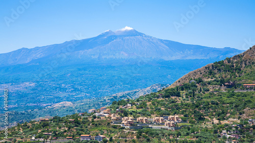 view of villages and Etna volcano in Sicily