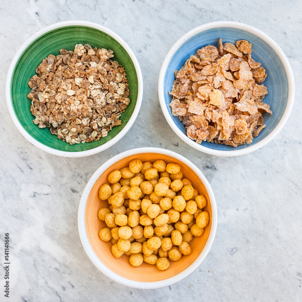 various of cold breakfast cereals on table various of cold breakfast cereals on table