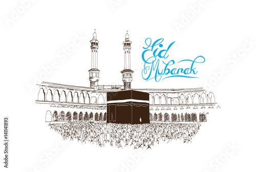 Eid Mubarak text with Mecca mosque sketch in vector illustration.