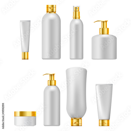 Set of cosmetic packaging with golden caps, isolated on white background. Cosmetic package for cream,  shampoo, liquid soap and spray