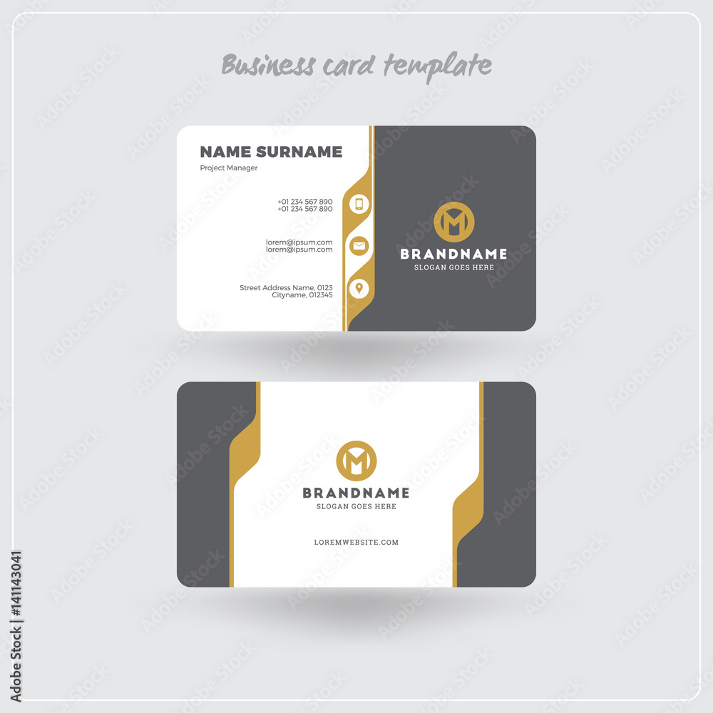 Golden and Gray Business Card Print Template. Personal Visiting Card with Company Logo. Clean Flat Design. Rounded Corners. Vector Illustration. Business Card Mockup with Shadows Golden and Gray Business Card Print Template. Personal Visiting Card with Company Logo. Clean Flat Design. Rounded Corners. Vector Illustration. Business Card Mockup with Shadows