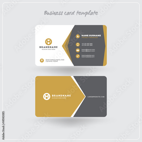 Golden and Gray Business Card Print Template. Personal Visiting Card with Company Logo. Clean Flat Design. Rounded Corners. Vector Illustration. Business Card Mockup with Shadows