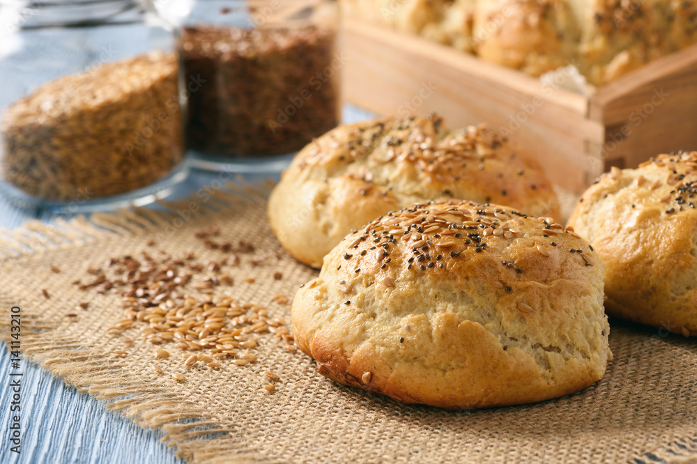 Homemade bread rolls with flax seeds.
